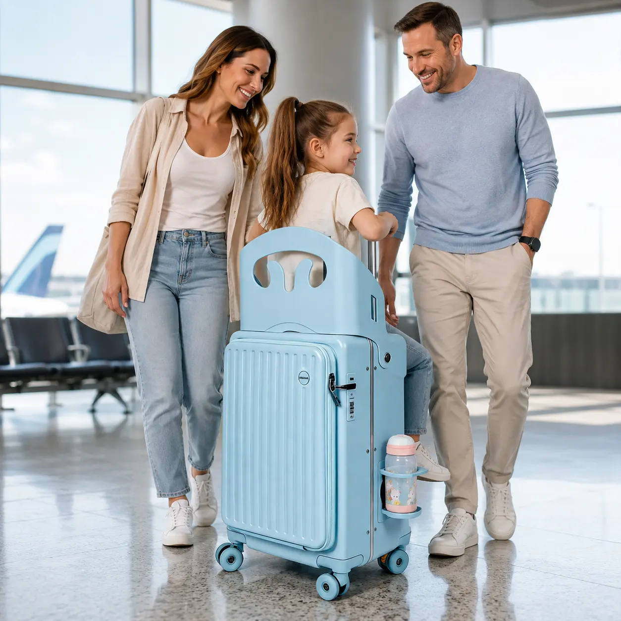 Toddler Ride-On Rolling Suitcase - Waterproof PU Leather Plain Kids Carry-On Luggage with Built-In Seat, Zip Closure, Anti-Theft Feature, Parent Airport Travel Essential