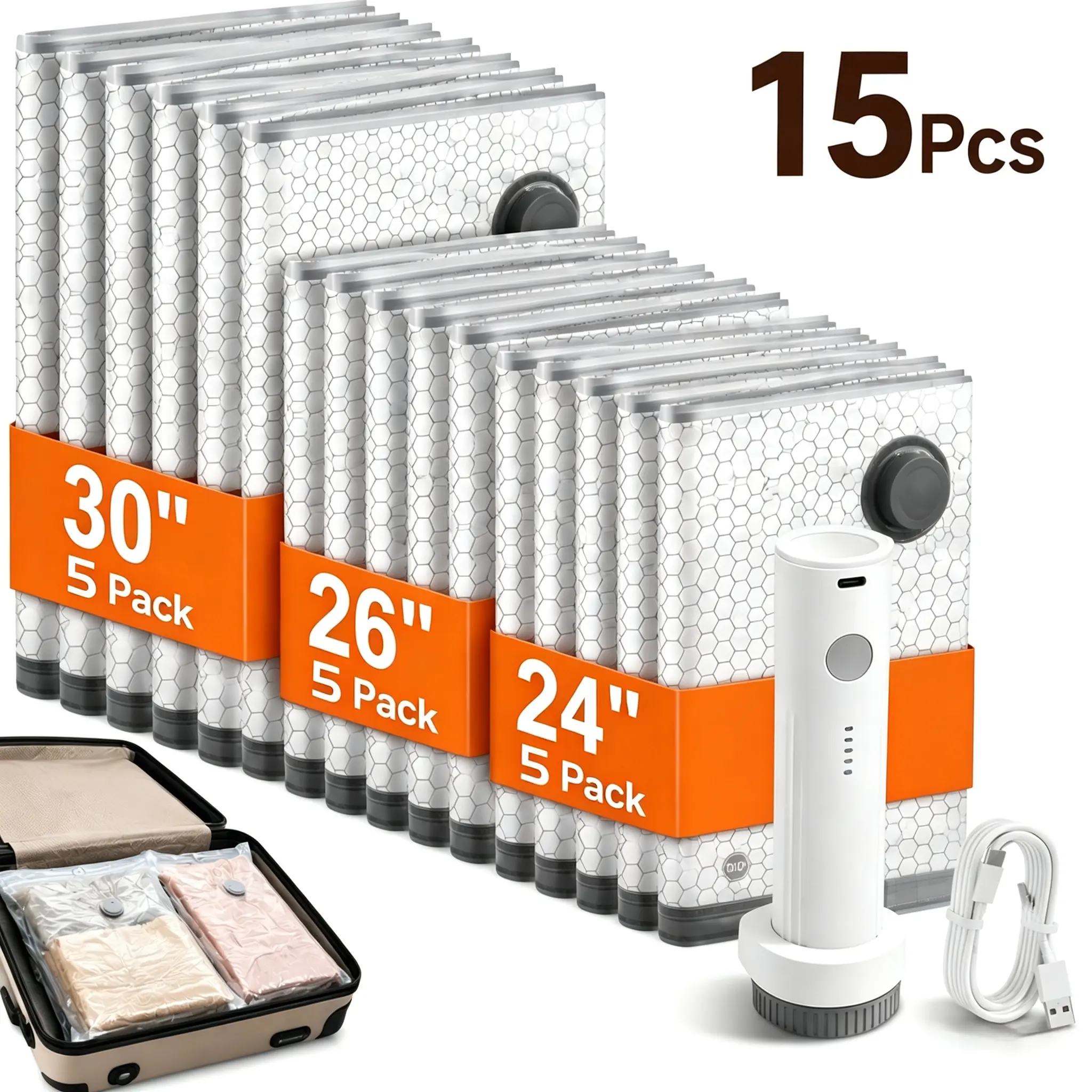 【Summer Vibes】Cordless Travel Vacuum Bag Set with Rechargeable Air Pump，15-Pack Space Saving Storage Bags, Airtight Resealing Sealed Organizers for Luggage, Sturdy Lightweight Clothes Storage Solution, Vacuum Bags For Travel