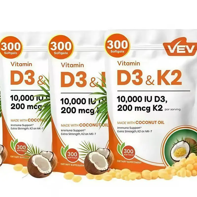 VEV 2-in-1 Vitamin Supplement D3 10000 IU & K2 200 mcg with Virgin Coconut Oil 300 Softgels for Immune Support Extra Strength MK-7