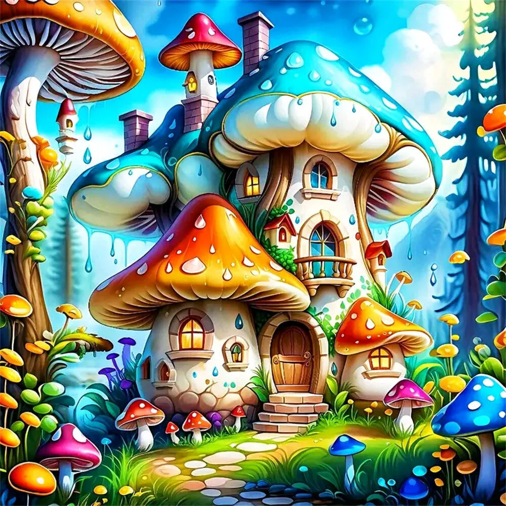 5D DIY Full Drill Diamond Painting Kit Enchanted Mushroom House Fantasy Forest Colorful Toadstools Whimsical Fairy Tale Scene Round Square Diamond Embroidery Craft for Home Wall Decor Art Gift for Adults Kids
