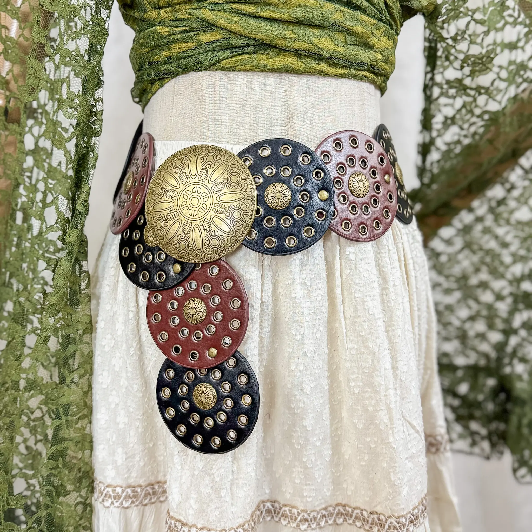 Boho Big Belts, Oval Studded Concho Belt, Y2K, Hippie Retro Vintage Unisex Belts, 90s Vintage Faux Leather Disc Belts, Whimsical Wicca Belts, Vintage Fashion