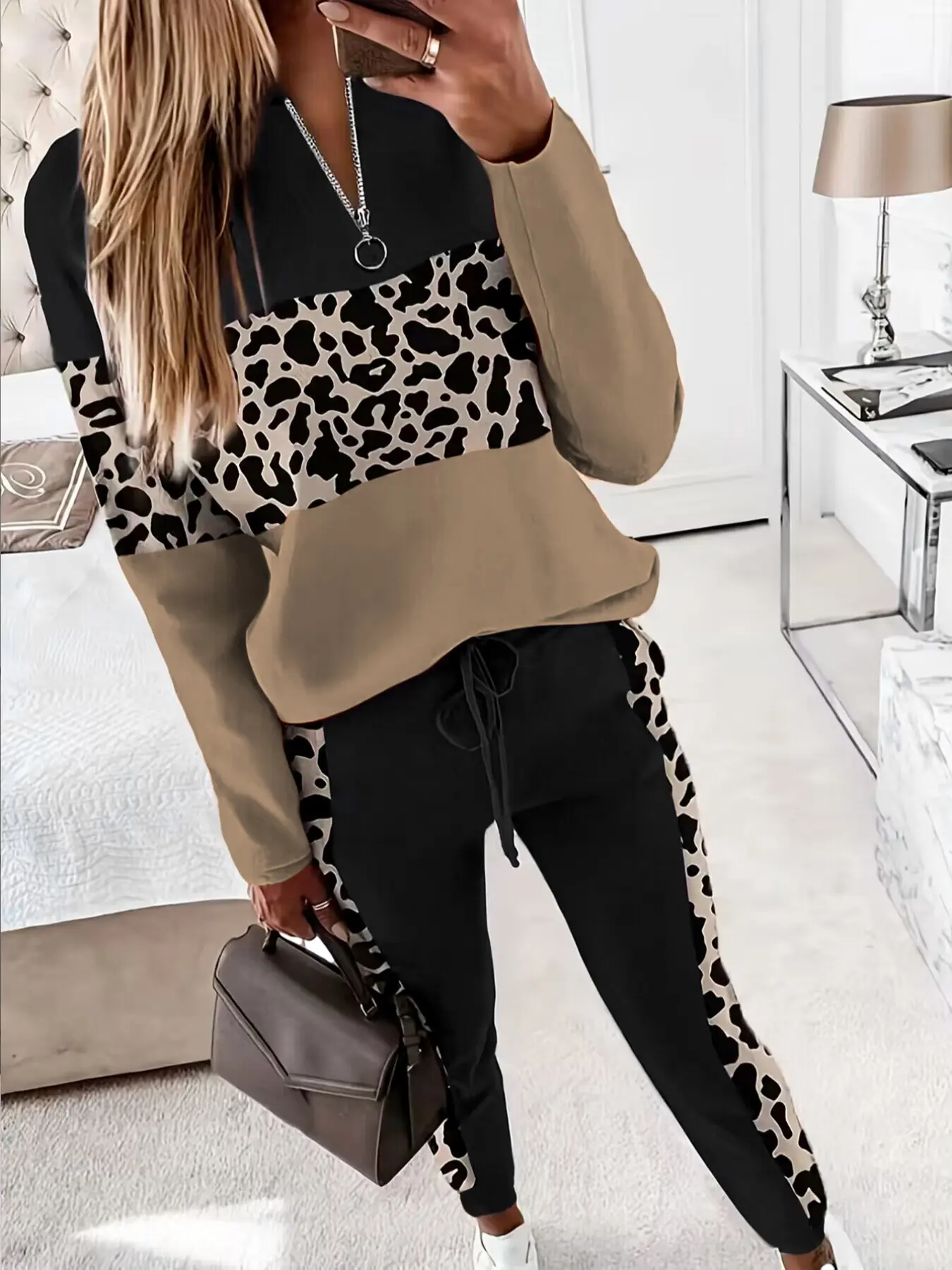 Autumn Winter New Trendy Leopard Print Patchwork Long Sleeve Pants Set, Printed Pants Set, Women's Fashion Two-Piece, Casual Style, Athleisure Wear Sets, Fitted, Womenswear, Clothes, Clothing Sets