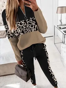 Autumn Winter New Trendy Leopard Print Patchwork Long Sleeve Pants Set, Women's Fashion Two-Piece, Casual Style, Fitted, Womenswear, Clothes