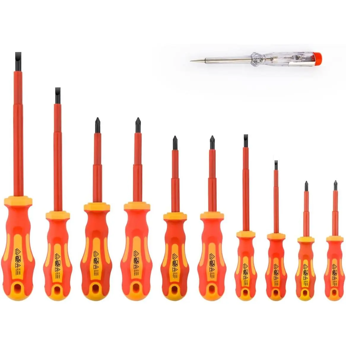 11 count VDE Insulated  Set, 1000V with Black Tip , TPR Handle Electrician Soft-Grip Slotted Phillips and Pozi Tools with Safety Tester for Electrician Repair