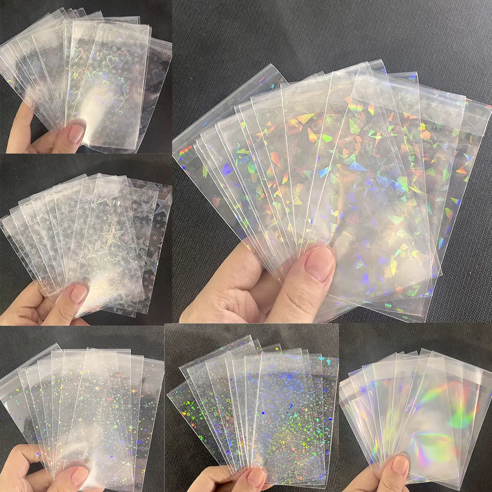 100PCS 65x90mm Holographic Foil Card Protectors, Plastic Card Sleeves, Protective Sleeve, Star/Heart Design, Resealable Sleeves Protector for Star Idol Photo Card PKM/OPCG/PTCG Cards Protectors
