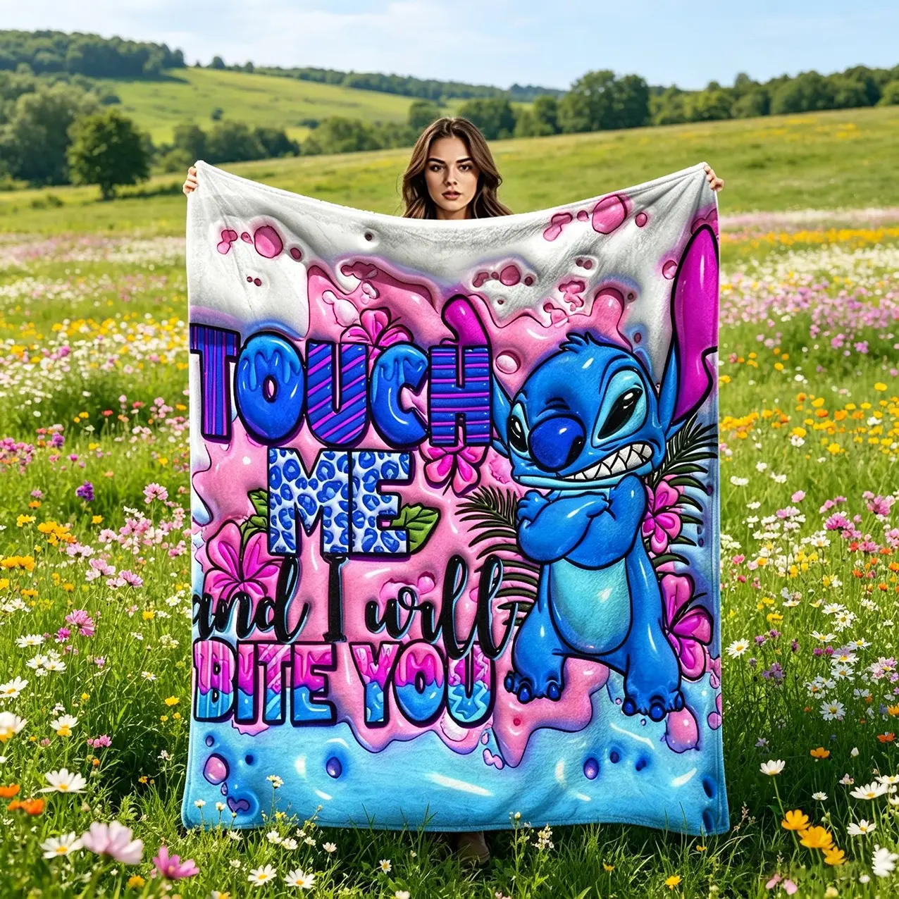 Sweet Cool Cartoon Nap Blanket, Stitch Face and Blue Butterfly Floral, Creative Digital Print Flannel, Cozy Throw Blanket, Multi-Purpose Blanket, Funny Throw Blanket, Cartoon Printed Blanket, Soft Comfy Blanket