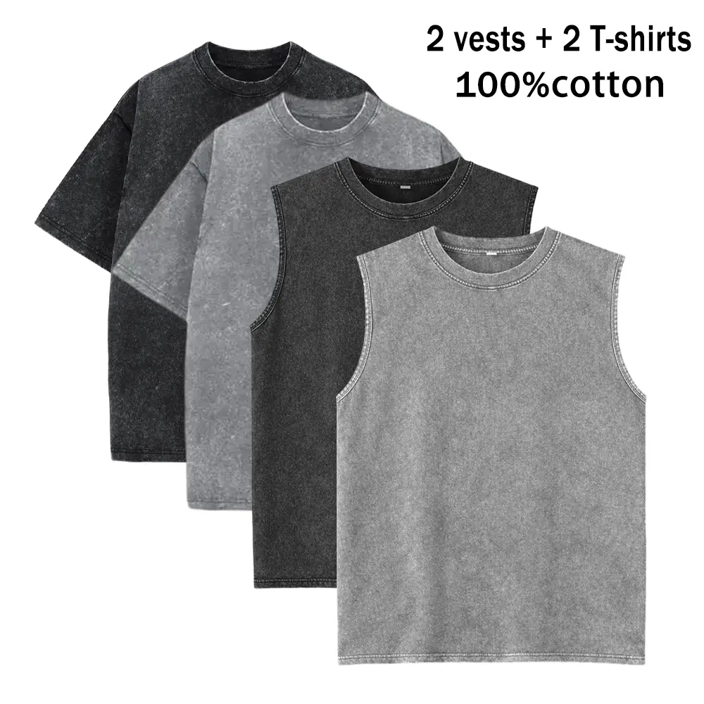 Men's 4-Piece Vintage Retro Casual Loose-Fit Washed Summer Set - 2 Sleeveless Plain Round Neck Tank Tops + 2 Plain Round Neck T-Shirts, 100% Pure Cotton