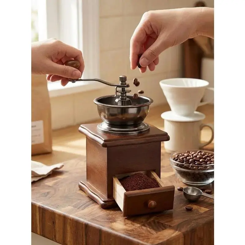 Vintage Manual Coffee Grinder, Burr Hand Crank Coffee Grinders, Wooden Vintage Style Classic Hand Coffee Grinder