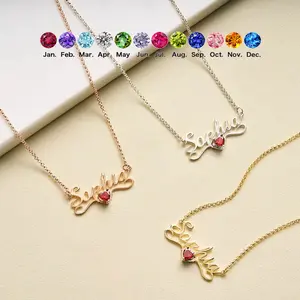 N2073 Personalized Engraving Custom Name Pendant Heart-shaped Birthstone Stainless Steel DIY Necklace For Mother's Day