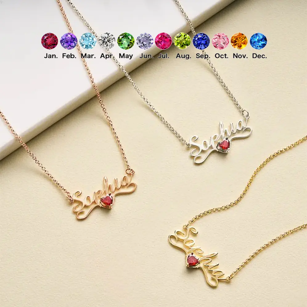 N2073 Personalized Engraving Custom Name Pendant Heart-shaped Birthstone Stainless Steel DIY Necklace