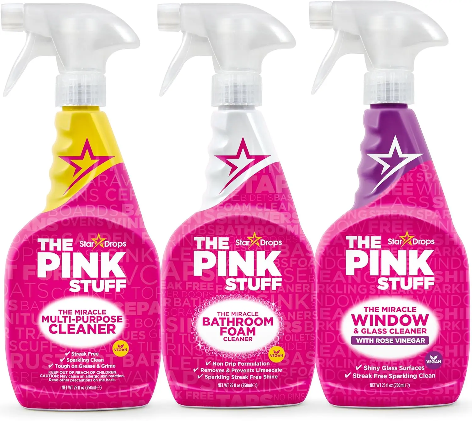 The Pink Stuff Multi-Purpose Spray, Window & Glass Cleaner, and Bathroom Foam Spray Bundle | All-in-One Home Cleaning Solution, 25 Fl Oz, 3 Pack