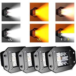 4PCS 5Inch LED Flush Mount 6 Modes Amber/White Flasing Strobe Pods Fog Lights Offroad Backup Light Reverse Light Grill Mount Light with Switch Wiring Harness for Trucks Boat Golf Cart SUV ATV
