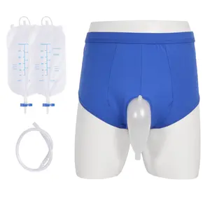 Men's Incontinence Briefs Kit with Urine Collection System, Non-Detachable Blue Triangle Underwear with Urinary Receiver, 2-Pack 500ml Drainage Leg Bags with Switch Valve for Bedridden Elderly