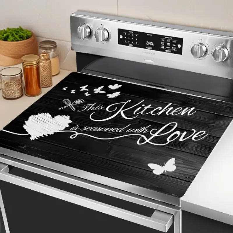 Soft Electric Stove Cover Cook Top Panel Protector Pad, Protection, Durable Induction Cooktop Protector, Wood Grain Heart Kitchen Design, Aesthetic, Scratch Resistant, Easy Clean, Cleaning, Multi-Purpose for Oven, Washer, Dryer, Stove Plate