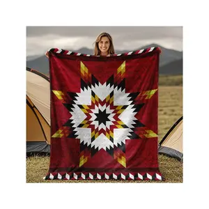 Vibrant Red Native American Geometric Star Pattern Camping Blanket