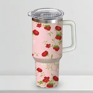 30 oz Sweet Strawberry Insulated Tumbler, Pastel Pink Travel Mug with Vintage Berry & Floral Print, Comfort Handle & Straw, Strawberry Girl Aesthetic Water Bottle, Perfect Gift for Her