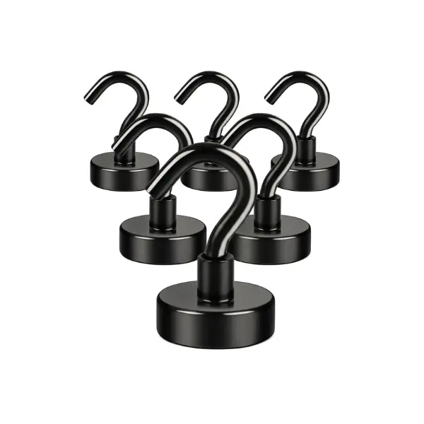 6-Pack Black Compact Neodymium Magnetic Hooks, 30LB Strong Stainless Waterproof Hooks for Bathroom & Garage Storage, Concrete Surfaces Hanging with Creative Hollow Drainage Design for Brush, Pot, Laundry Needs