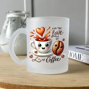 Love of Coffee - Frosted Glass Mug, 11Oz (330Ml) Glass Cup with Cute Bean Character Coffee Day Gifts