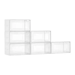 VEVOR Clear Stackable Shoe Storage Boxes, 6-Pack Plastic Organizers with Magnetic Doors, Fits US Size 13, for High Heels, Boots, Hats, Transparent White Home Storage Holders