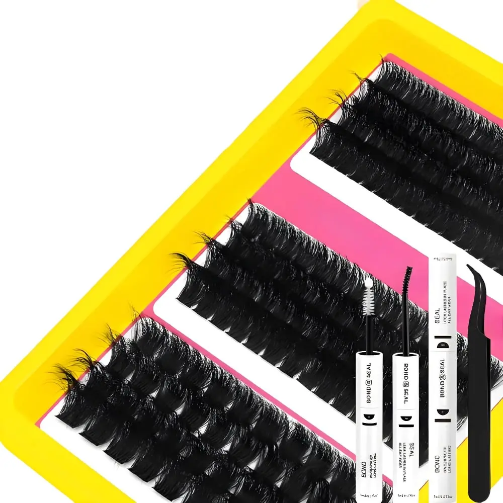 Lash Extension Kit Thick Cluster Eyelash Extensions 100D 150D 200D 12-18mm Lash Clusters Kit Individual DIY Home Use Lashes Clusters Extension with Bond & Seal