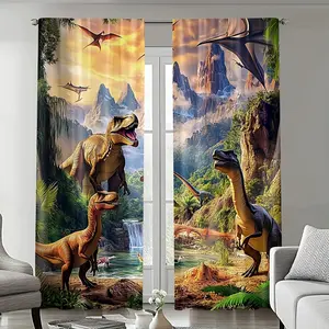2Pcs Jurassic Dinosaurs Printed Curtains - Vibrant T-Rex & Triceratops design for curtains in the living room, bedroom, office or holiday home, easy to set up, polyester