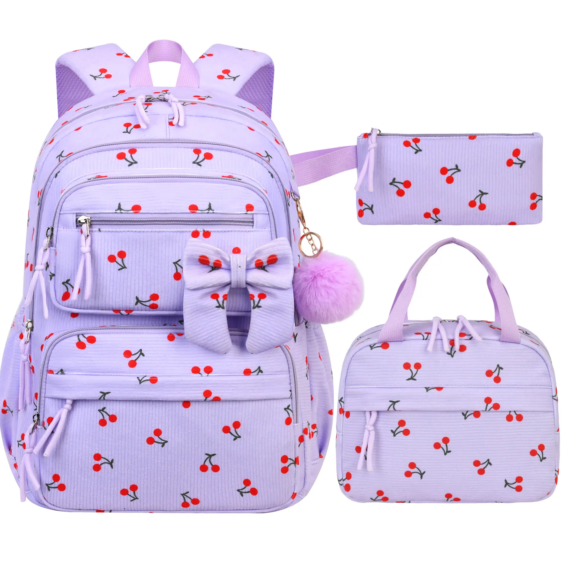3Pcs Corduroy Cherry Print Backpack Set for Teen Girls Women, Light Purple Cute Bow & Fluffy Pom Pom Decor Large Capacity Lightweight School Backpack, Water Resistant Multi-Pocket Casual Daypack with Insulated Lunch Bag and Matching Pencil Pouch for Campu