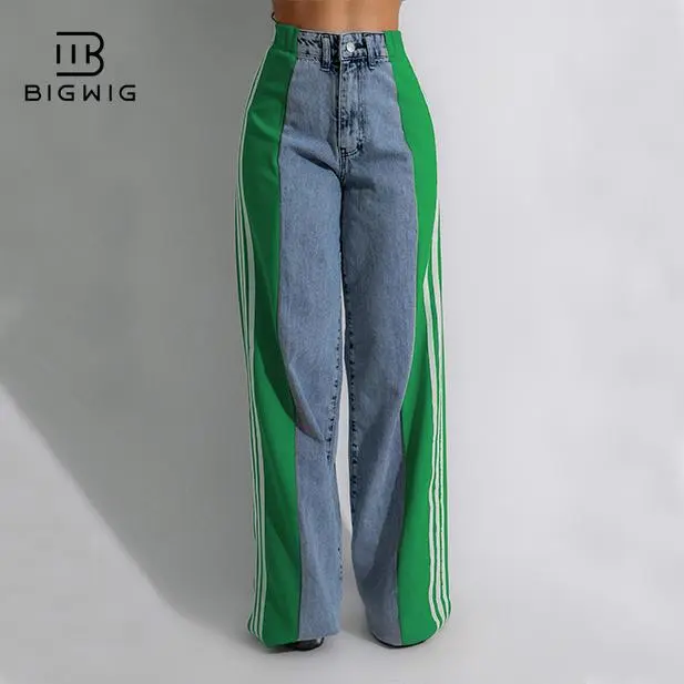 Womens Jeans with Patchwork Stripes High Waisted Stretchy Denim Color Block Straight Wide Leg Trendy Jean Stripes High Waisted Jeans Color Block Floor Length Wide Leg Denim Pants Stretch Baggy Jeans Long Pants