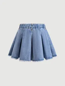 Girls' Solid Color Pleated Denim High Waisted Skirt, Elastic Waist Invisible Zipper, Fashionable and Comfortable, Perfect for Teens, Casual Daily Wear