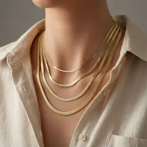 Stainless Steel Gold Tone Flat Blade Chain, Waterproof Titanium Steel Layered Chokers, Minimalist Neutral Stackable Accessory, Minimalist Neutral Jewelry Gift for Her & Him