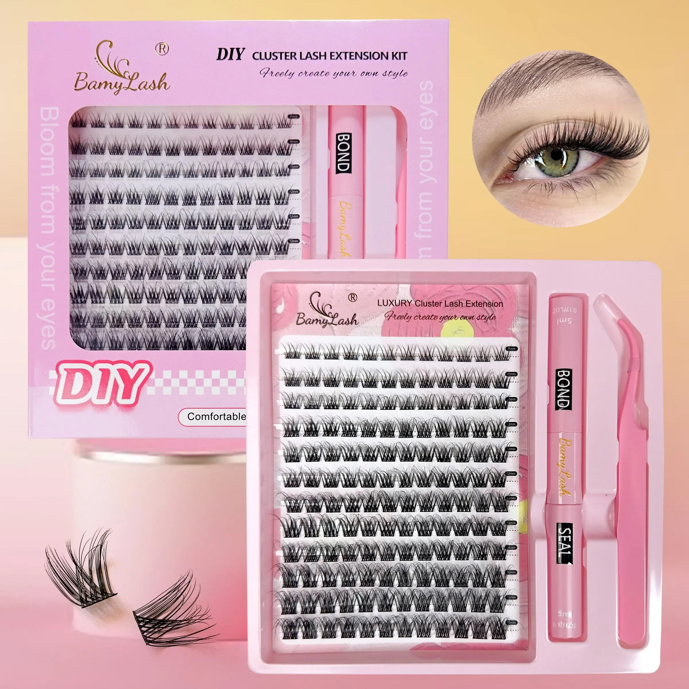 Natural Wispy DIY Lash Clusters Eyelash Extension Kit, Fluffy Eyelash Clusters, 9-16mm Individual Lashes Kit with Lash Bond and Seal, Lash Tweezers for Self Use, Cluster Lash Kit, Makeup, Eyelash Tools, False Eyelash Extensions