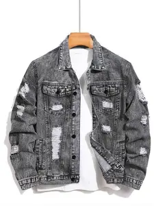 Men's New Korean Style Casual Denim Jacket Coats, Loose Fit Long Sleeve, Washed Ripped Design, Streetwear Fashion Outerwear