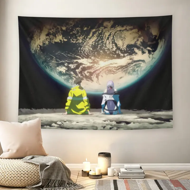 Cyberpunk Anime Couple Moon Earth View Wall Flag, Futuristic Sci-Fi Tapestry, Mid-century Modern Black Flash Manga Living Room Wall Decor for Adult Fans, Lovers Watching Earth From Moon Wall Hanging Decoration