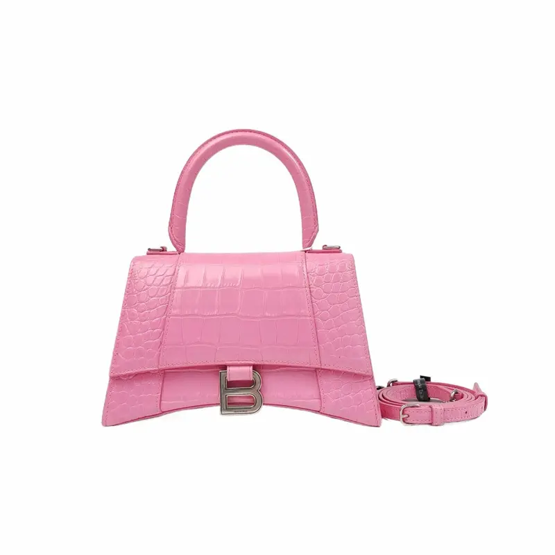 Pre-owned Balenciaga leather Shoulder Bags Shiny Calfskin Crocodile Embossed Small Hourglass Top Handle Bag Candy Pink