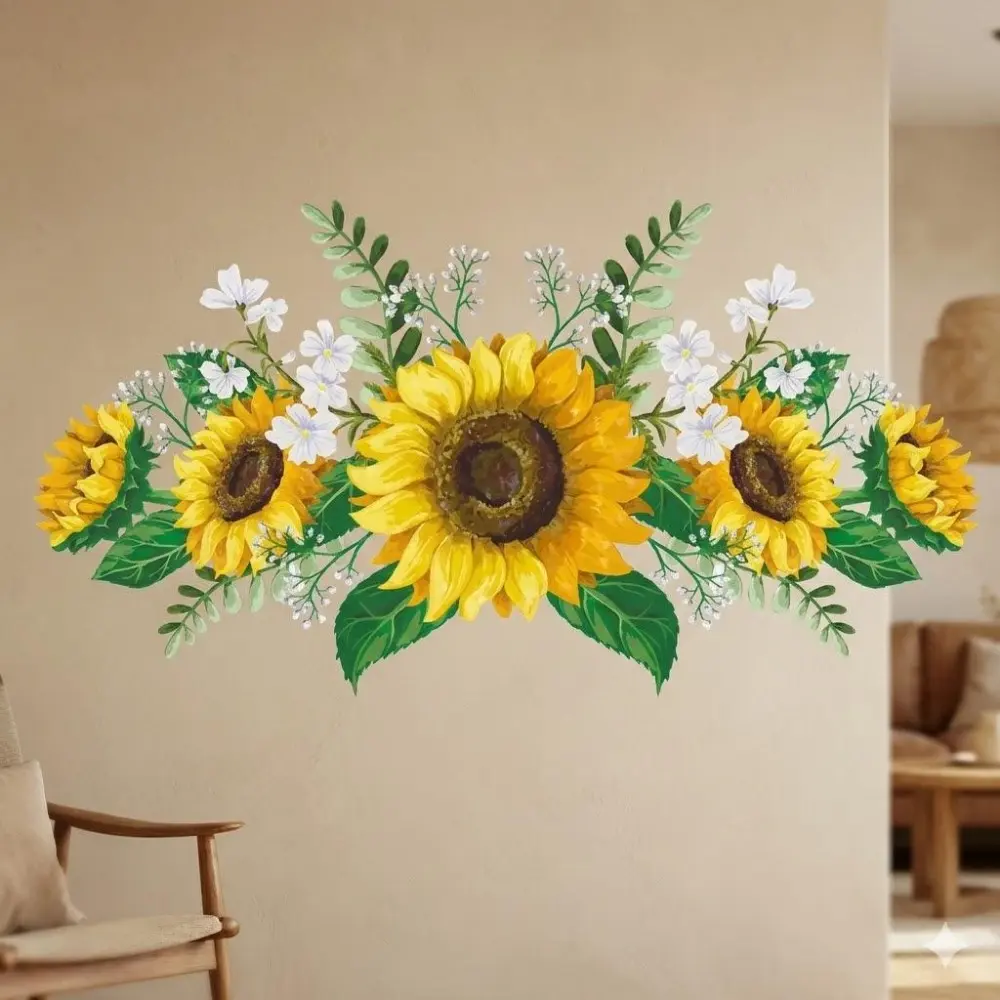 Removable Waterproof Sunflower Wall Decals, Large Size Self-Adhesive Flower Stickers for Kids, Room Bedroom Living Room Home Decor, Decorative Wall Sticker