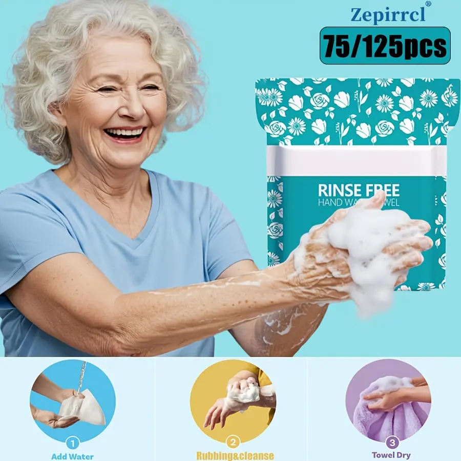 75/125 pcs disposable no-rinse body bath towel, foaming shower towel; three steps: add water—rub to create foam—clean the body. Suitable for outdoor travel, swimming, fitness, and home care. 25 pcs per pack; 11.81 × 11.81 in.