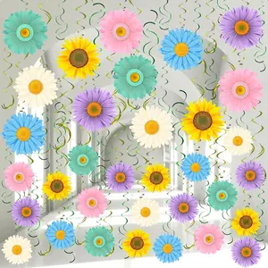 72 Pcs Spring Sunflower Hanging Swirl Decoration Spring Party Decoration Pink Blue Yellow Assorted Sunflower Ceiling Wall Decor for Classroom Office Home Birthday Mother's Day Wedding Party