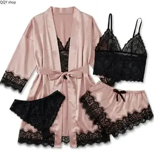 【Summervibes】Women's 4-Piece Satin Pajamas Set, Floral Lace Lingerie Sleepwear with Long Robe and Nightgown, Soft Silky Casual Loungewear, Elegant Home Nightwear Perfect for Daily Relaxation, Bedroom Wear and Holiday Gift Giving, Women's Clothing Sets, Li