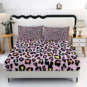 Colorful Leopard Print Bedding Set, Bed Sheets, Includes 1 Fitted Sheet and 2 Pillowcases, Polyester Material, Digital Printing, All Seasons Use