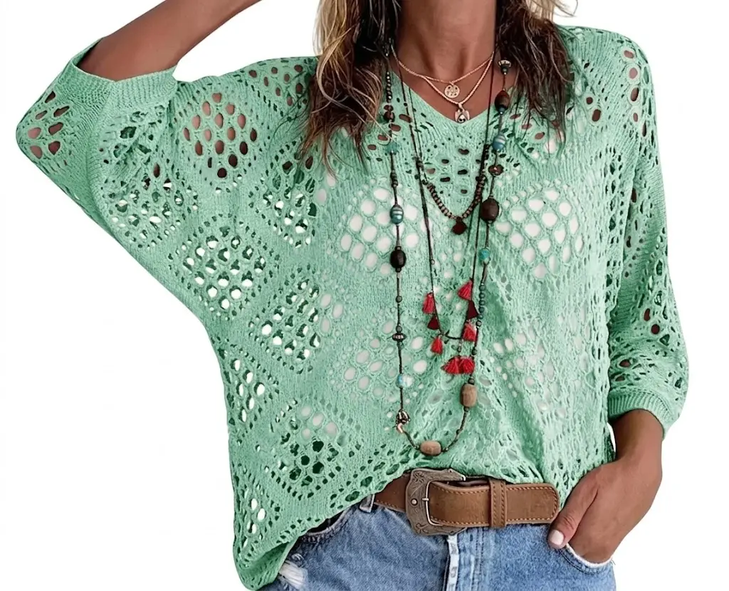 Women's Bohemian-Inspired Beige Crochet Top with V-Neck #Springtok #TikTokShopJumpstartSale Casual Chic,summerwins,summeroutfits,vacationoutfits,beachoutfits