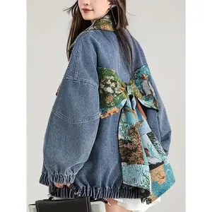 Women's Retro Style Denim Jacket, with Patches, Frayed Hem and Cuffs, Long Sleeve Casual Coat - Spring/Autumn Collection