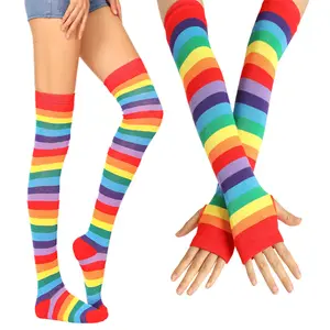 Over Knee Rainbow Thigh High Socks Thumb Hole Gloves Set Accessories
