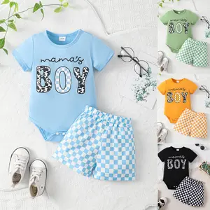 Summer Outfit For 0-18M Baby Boys Mothers Day Gift Stylish Letter Graphics Short Sleeve Romper Tops Checker Pattern Shorts Set 2Pcs GF122311310 Clothing Tees Casual