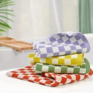 Cotton Checkered Wash Cloths, 4 Colors Face Towels, Bathroom Washcloths, Daily Cleansing Towels, Soft Absorbent, Hand Towel Set, for Spa, Bath, Gym, Kitchen, Gifts