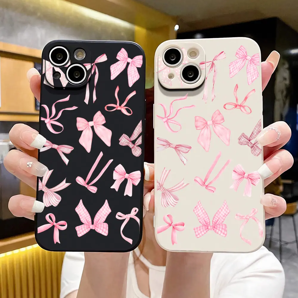 Phone case for iPhone 16 Pro Max 15 Plus 14 13 12 11 XR XS Pink Watercolor Bow Pattern Full Body Protection Shockproof Soft Silicone Cellphone Cover Gift For Girls and Women