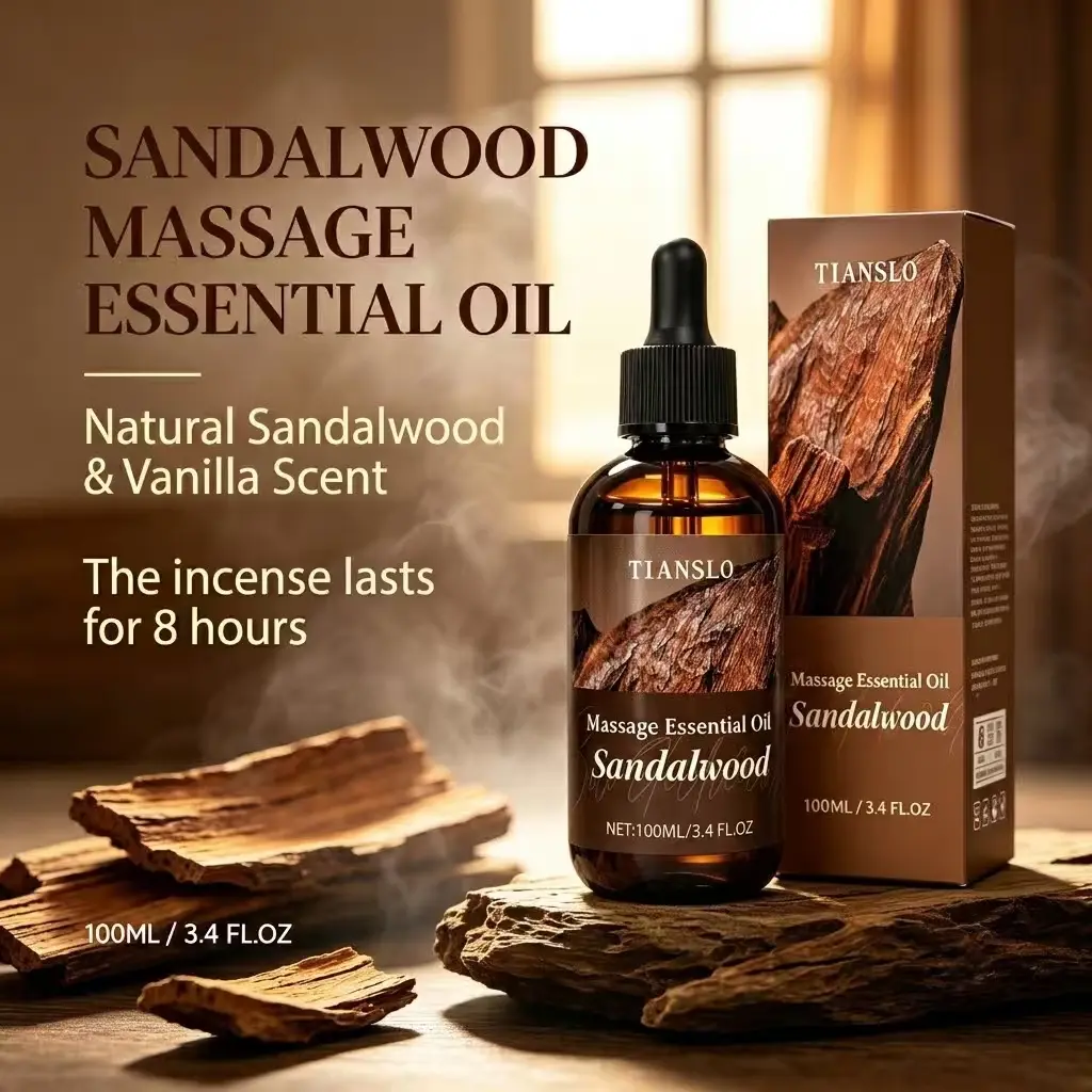 TIANSLO Natural Sandalwood Massage Essential Oil (100ml / 3.4 fl oz) - Long-Lasting Body & Muscle Care Oil