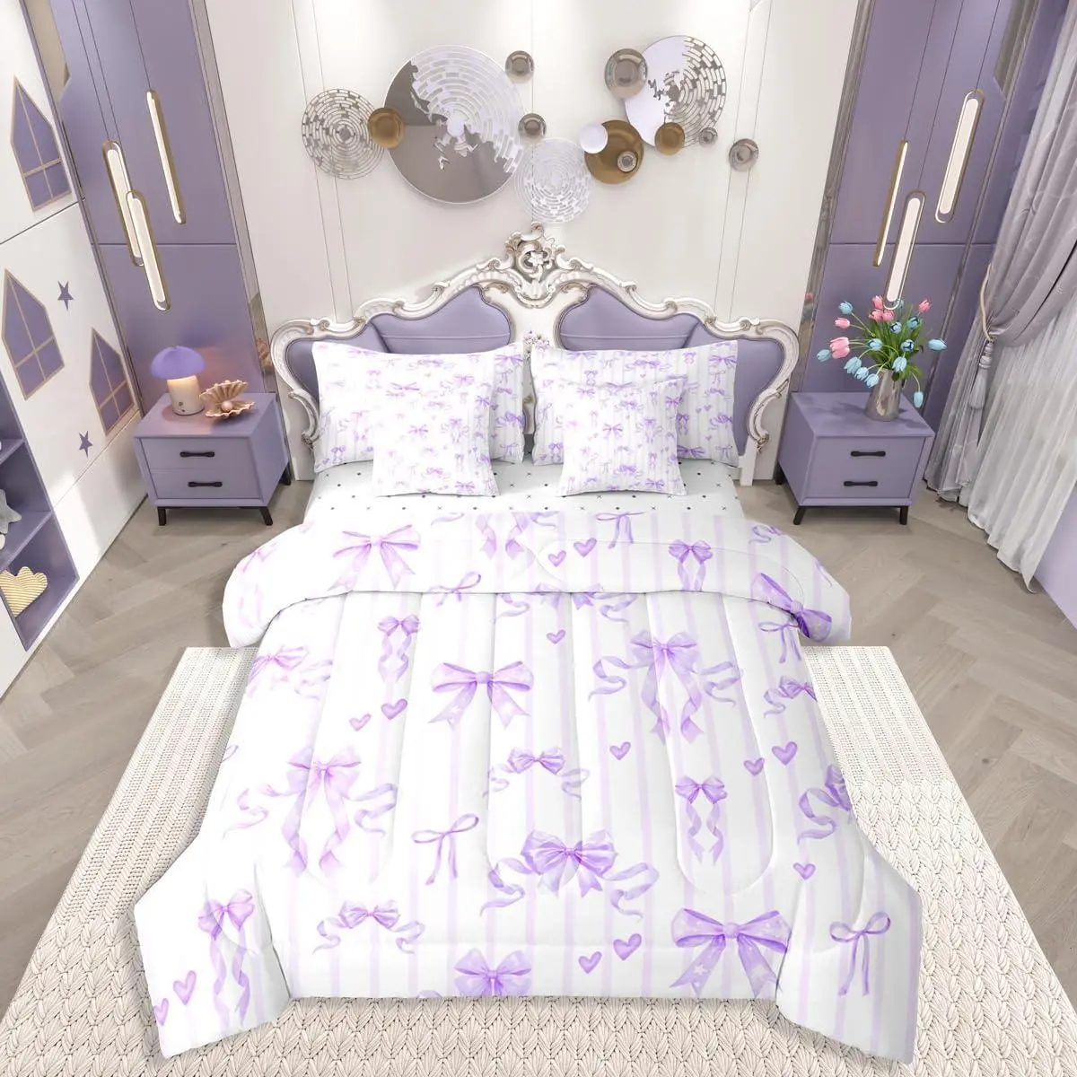Feelyou 7-Pieces Princess Purple Ribbon Bow Bedding Set - Ribbon Bow Bed Bag with Sheets, Love Heart Bowknot Comforter, Purple Stripes Romantic Soft Furnishings for Girls, Bed Comforter Set