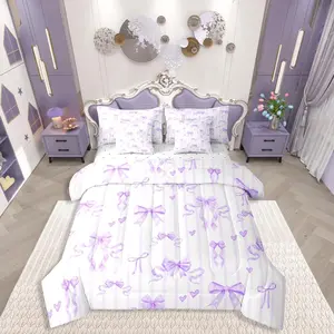 Feelyou 7-Pieces Princess Purple Ribbon Bow Bedding Set - Ribbon Bow Bed Bag with Sheets, Love Heart Bowknot Comforter, Purple Stripes Romantic Soft Furnishings for Girls, Bed Comforter Set