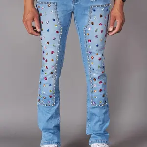 Buyers Choice Jeans with Colorful Rhinestones and Studs on Light Blue Denim for Men