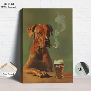 1PCS With Framed Modern Animal Canvas Wall Art with Wood Frame, Printed Rottweiler Smoking & Beer Painting, Funny Pet Poster for Living Room Decor, Home Office Decoration, Unique Gift for Dog Lo