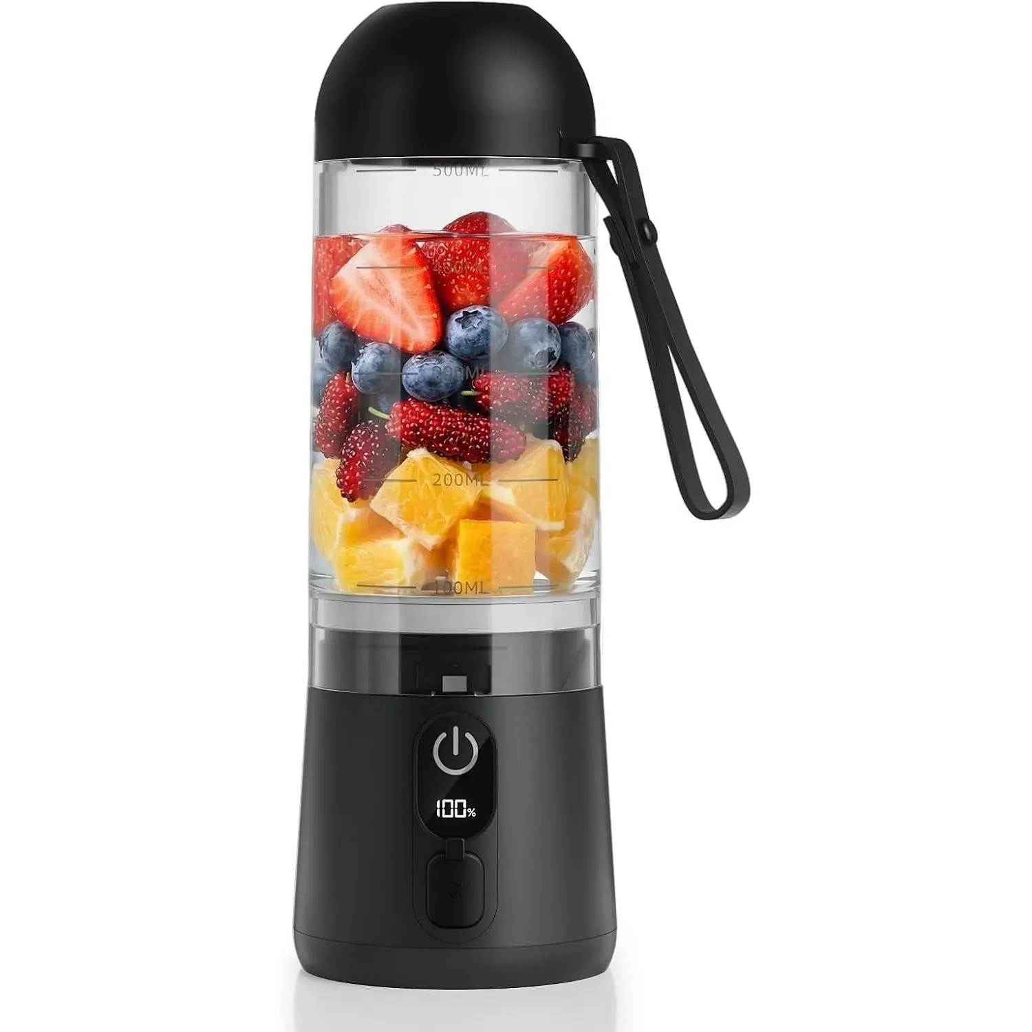 17oz Black Rechargeable Portable Compact Blender - 8-Blade Round Cup USB-C Juicer with LED Display, for Home, Gym Shakes